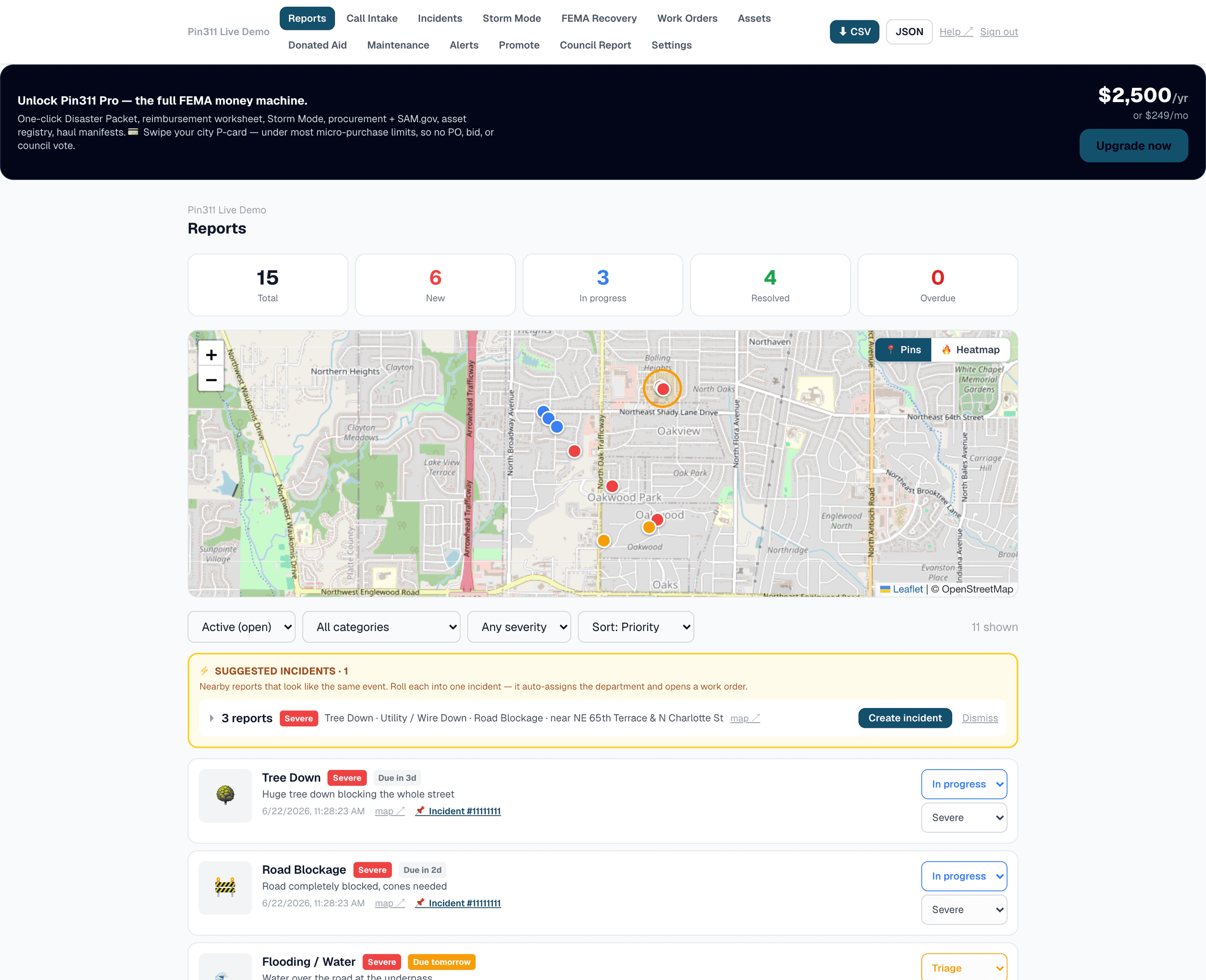 Pin311 dashboard - live damage map, incidents, and FEMA damage total